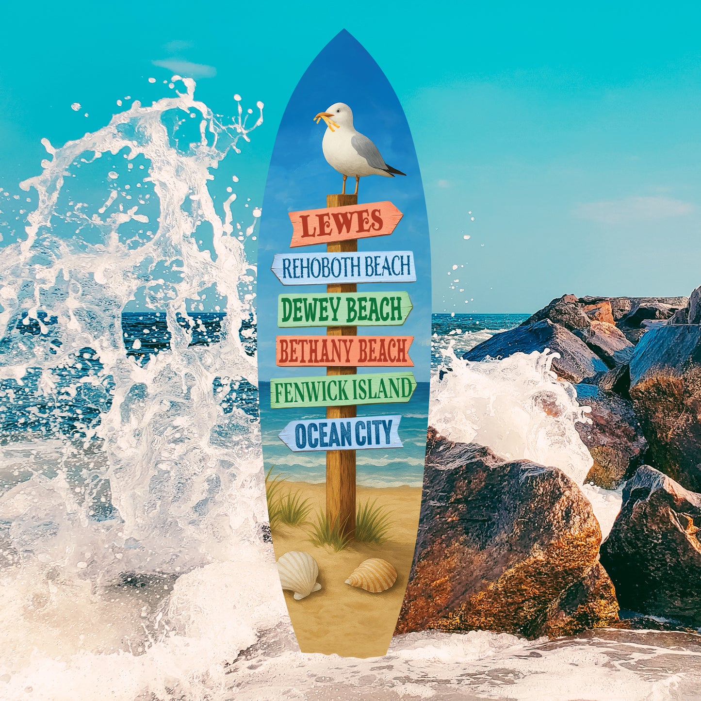 Delaware Beaches Surfboard Wall Art – Coastal Directional Sign with Lewes, Rehoboth, Bethany, Dewey, Fenwick & Ocean City, Nautical Beach