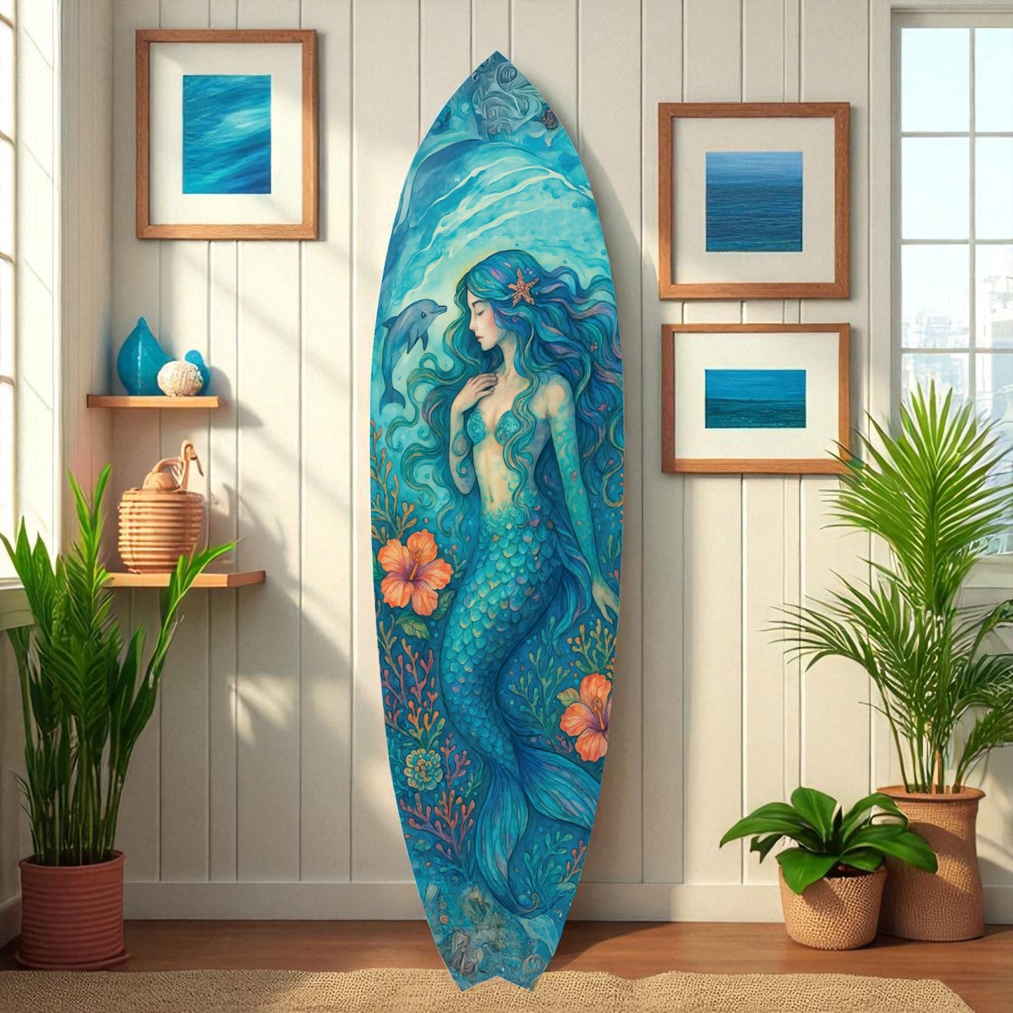 JennyGems Mermaid Surfboard Wall Art | Coastal PVC Beach House Decor | Indoor Outdoor Porch Patio Pool | Nautical Watercolor Mermaid | 2 to 5 ft