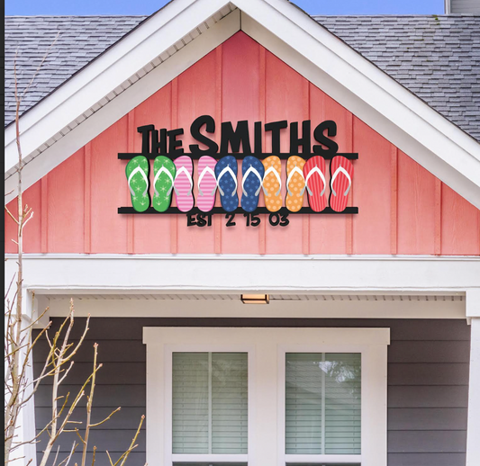 Personalized Flip Flop Family Sign - Custom Beach House Decor - Coastal Outdoor PVC Sign