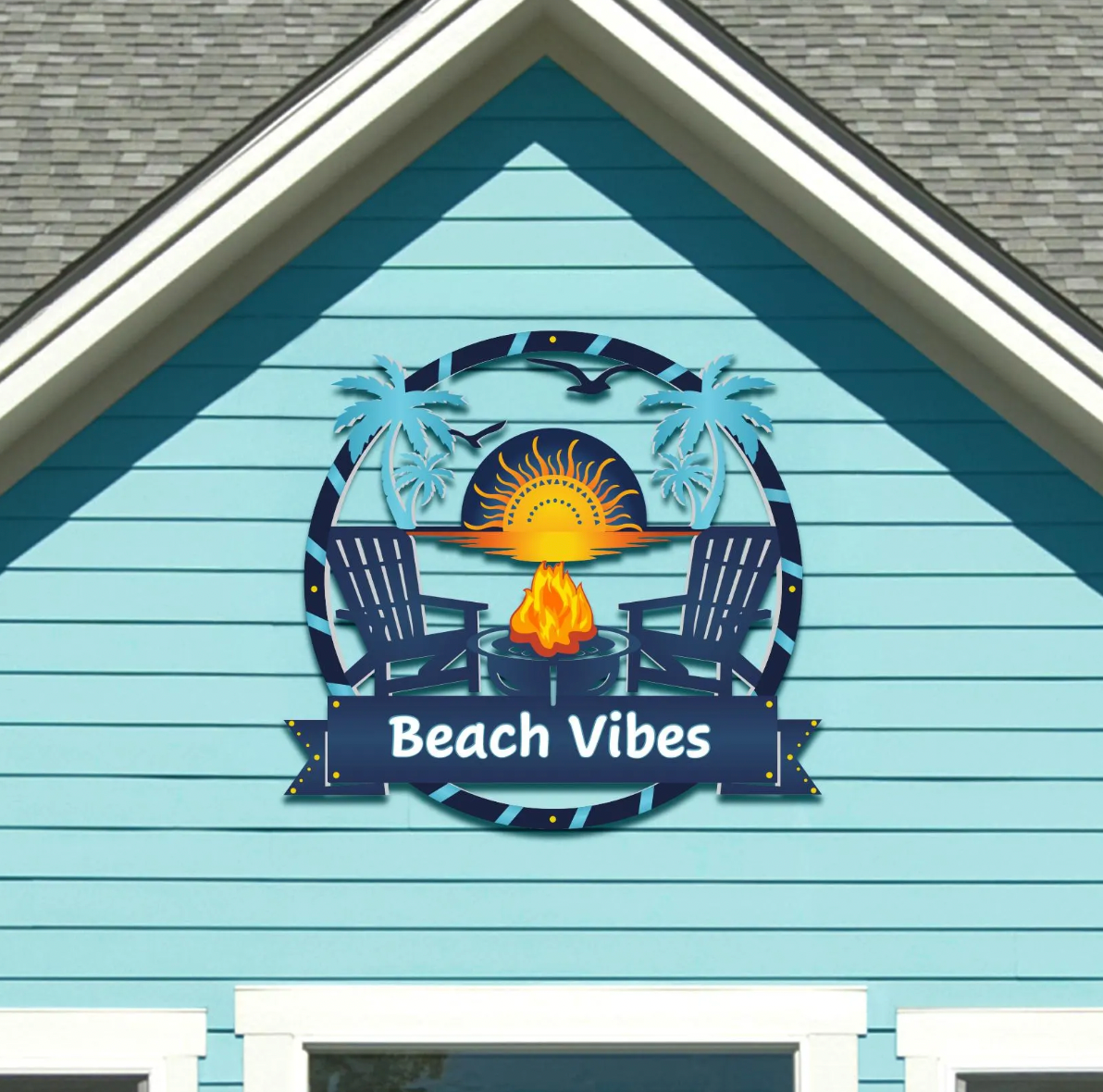 Beach House Outdoor Sign – Coastal Fire Pit Decor, Adirondack Chairs & Sunset