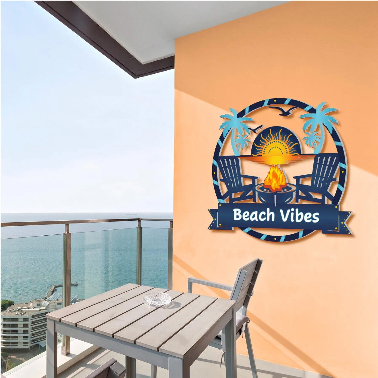 Beach House Outdoor Sign – Coastal Fire Pit Decor, Adirondack Chairs & Sunset