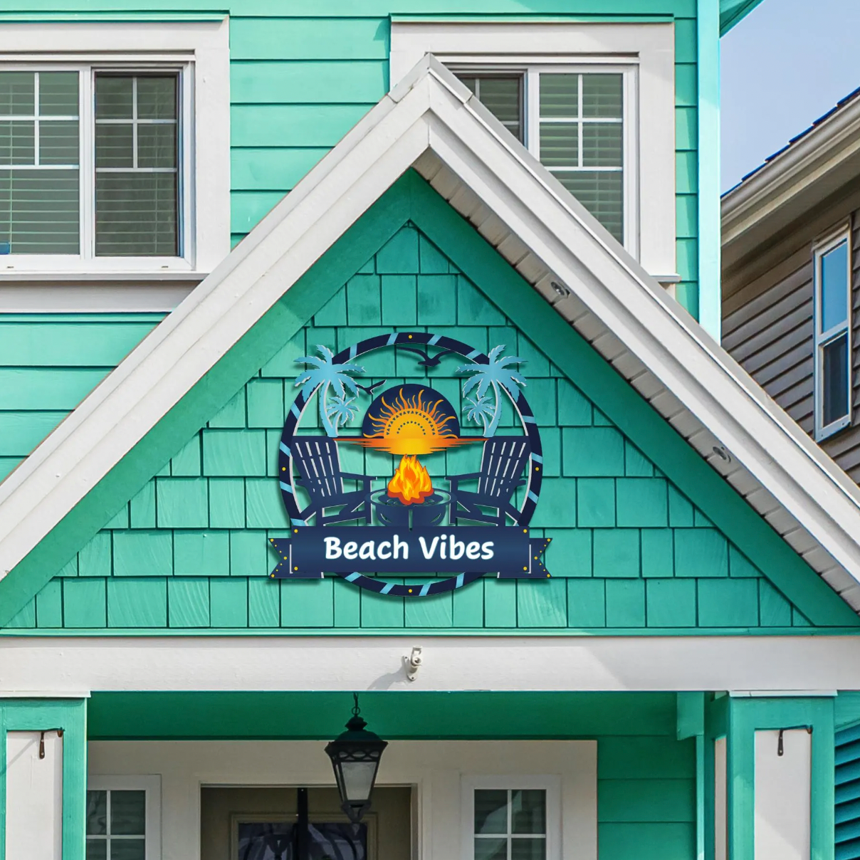 Beach House Outdoor Sign – Coastal Fire Pit Decor, Adirondack Chairs & Sunset