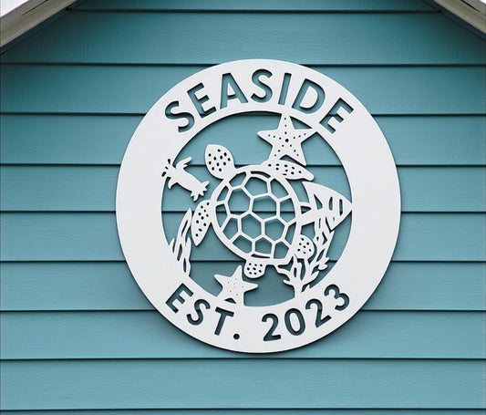 Custom Coastal Turtle Sign | Personalized Beach House Wall Decor | Outdoor PVC Nautical Sign | Ocean Home Exterior Sign | Established Date Plaque