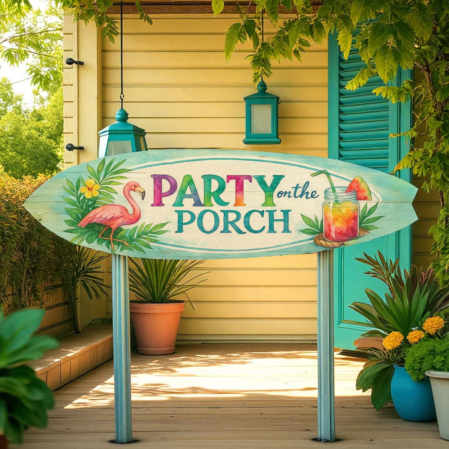Party on the Porch Surfboard Wall Art – Indoor Outdoor PVC Porch Decor, Tropical Patio Sign, Flamingo Summer Decor, 3 - 5 Feet