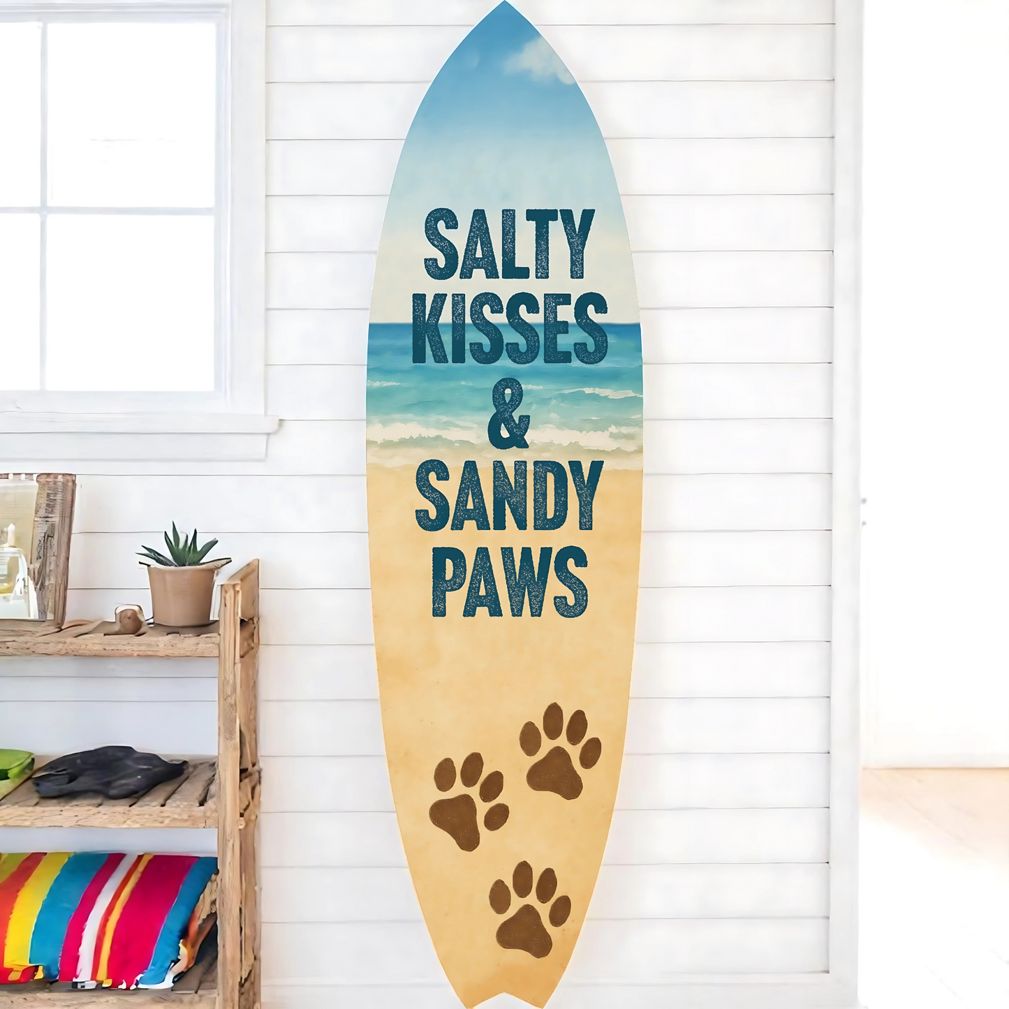 Outdoor Dog Surfboard Wall Decor – Coastal Pet Wall Art for Porch, Pool, Fence, PVC Beach House Decor for Dog Owners, Salty Kisses, 3 foot