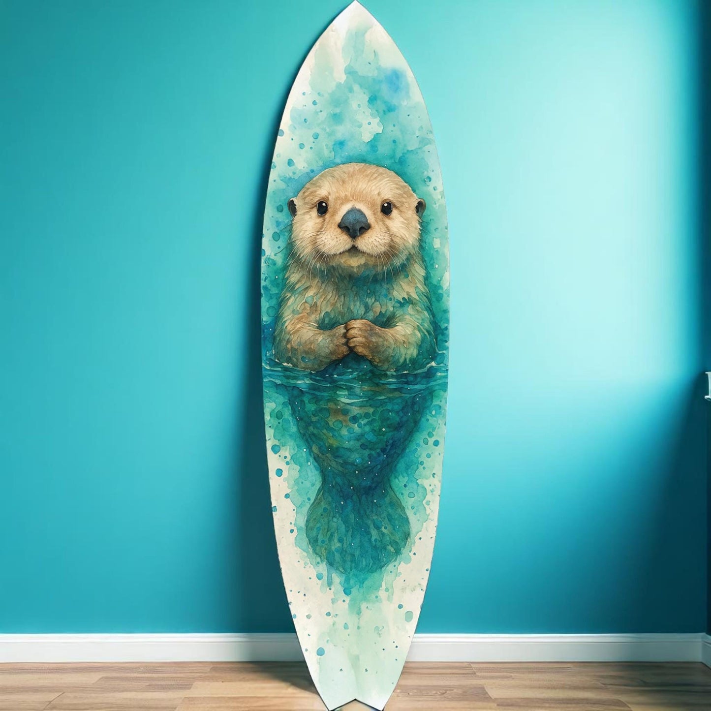Sea Otter Surfboard Wall Art – Watercolor Surfboard for Kids or Adults – PVC Indoor Outdoor Coastal Animal Decor – Ocean Nursery Sign, 3 - 5 Feet