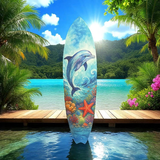 Dolphin Surfboard Wall Art – Coastal PVC Beach House Decor, Ocean Animal Wall Sign, Tropical Decorating, 3 - 5 Feet
