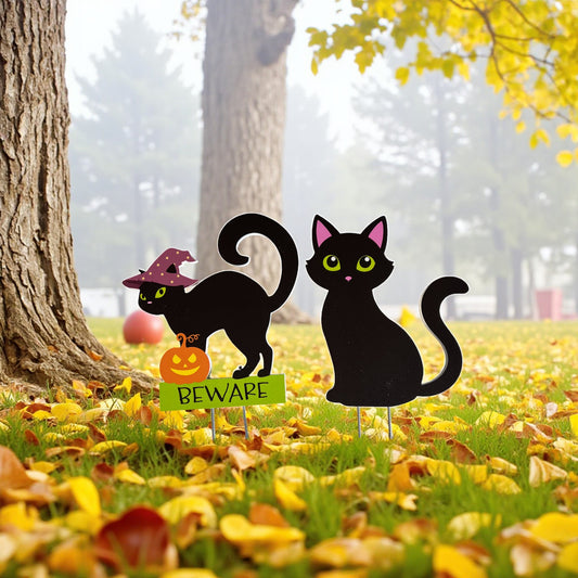 Black Cats Halloween Yard Stakes, Outdoor PVC Fall Decor, Set of 2, Stakes Included