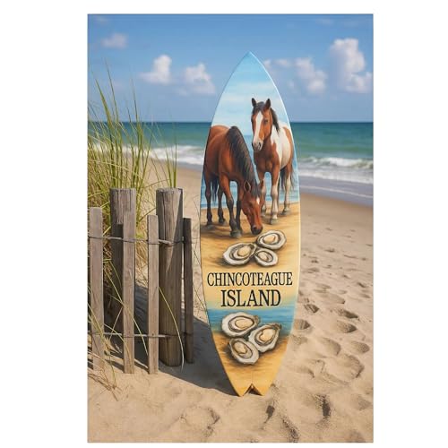 JennyGems Outdoor Chincoteague Island Virginia Decorative Surfboard Sign, Wild Horses and Oysters Design, Indoor Outside PVC Wall Art