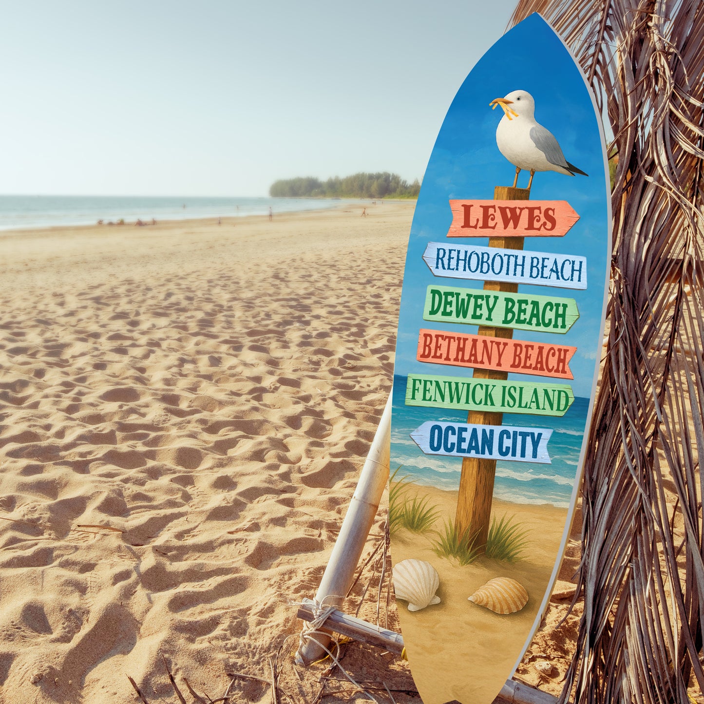 Delaware Beaches Surfboard Wall Art – Coastal Directional Sign with Lewes, Rehoboth, Bethany, Dewey, Fenwick & Ocean City, Nautical Beach