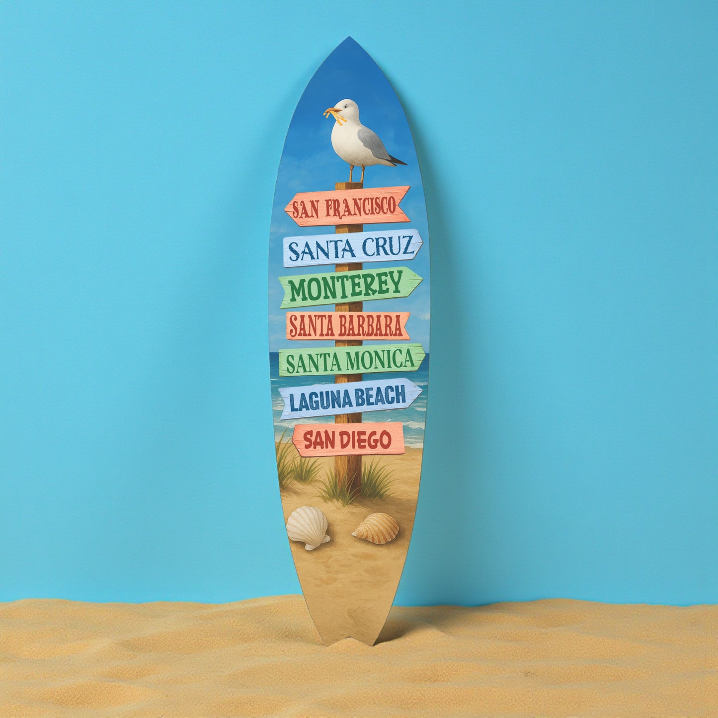 California Surfboard Wall Art - Beach Towns Sign, Indoor Outdoor PVC Coastal Décor