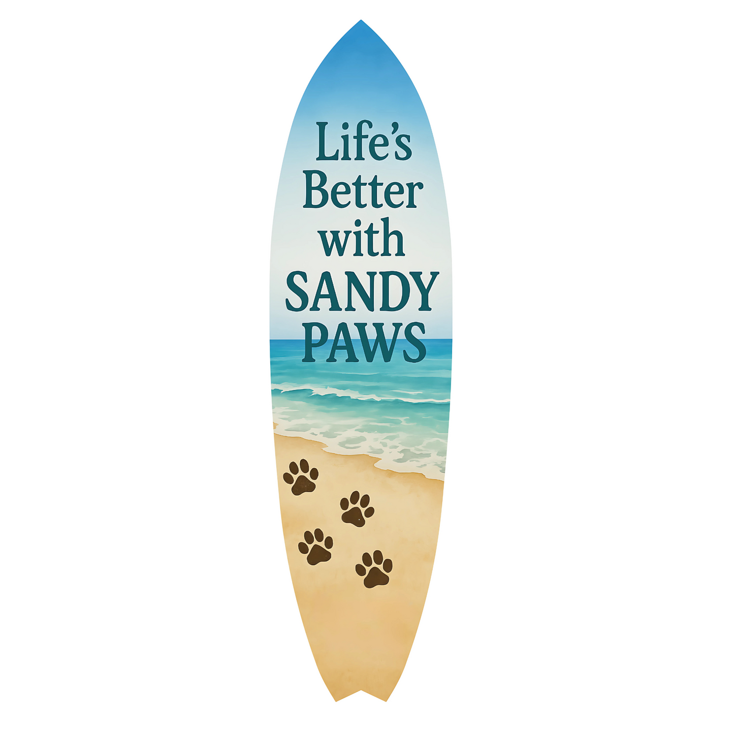 Outdoor Dog Surfboard Wall Art – Coastal Pet Wall Decor for Porch, Pool, Fence, PVC Beach House Decor for Dog Owners, Life's Better Sandy Paws, 3 foot