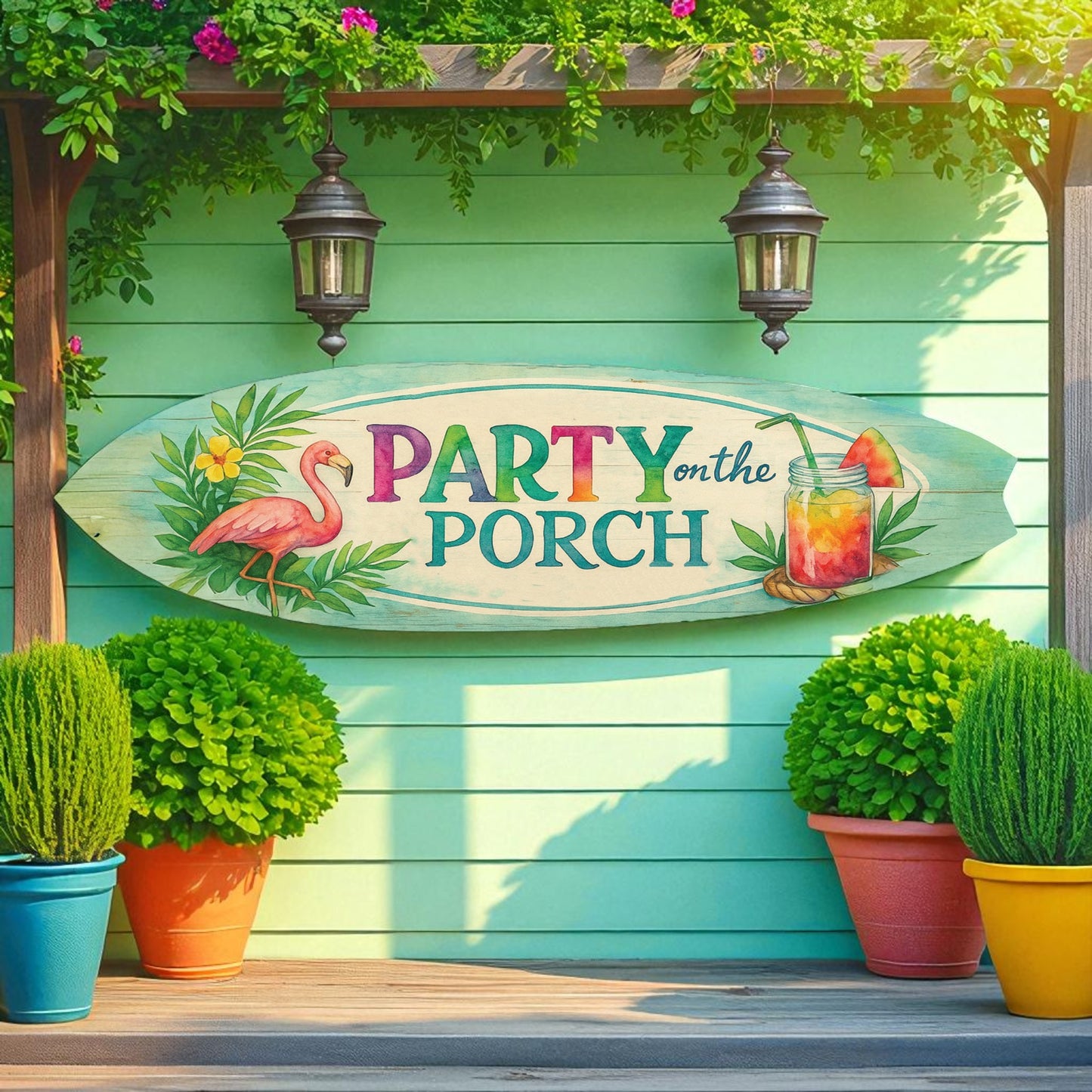 Party on the Porch Surfboard Wall Art – Indoor Outdoor PVC Porch Decor, Tropical Patio Sign, Flamingo Summer Decor, 3 - 5 Feet