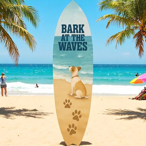 Outdoor Dog Surfboard Wall Decor – Coastal Pet Wall Art, PVC Beach House Decor for Dog Owners, Bark at Waves, 5 foot
