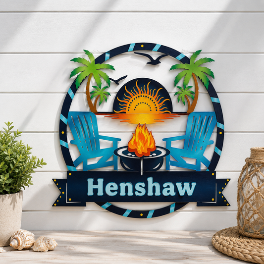 Outdoor Beach Vibes Sign – Round Premium PVC Beach House Decor with Palm Trees & Fire Pit – Weatherproof Coastal Wall Art for Home, Pool Area, Shed