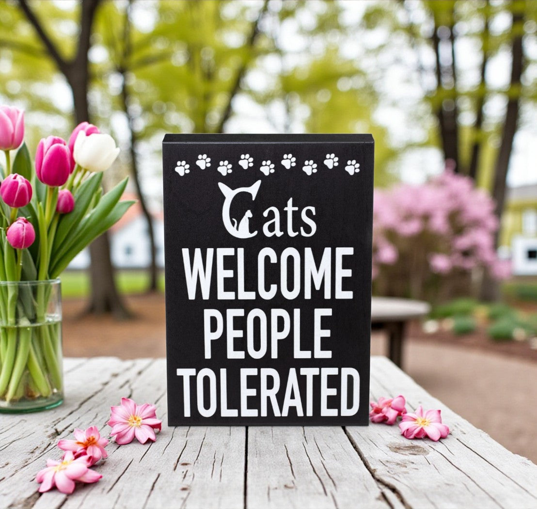 JennyGems Cats Welcome People Tolerated Sign – Funny Cat Lover Gift for Women and Men Rustic Wooden Wall Shelf Decor - Cat Wall Art for Home Farmhouse and Christmas Gift