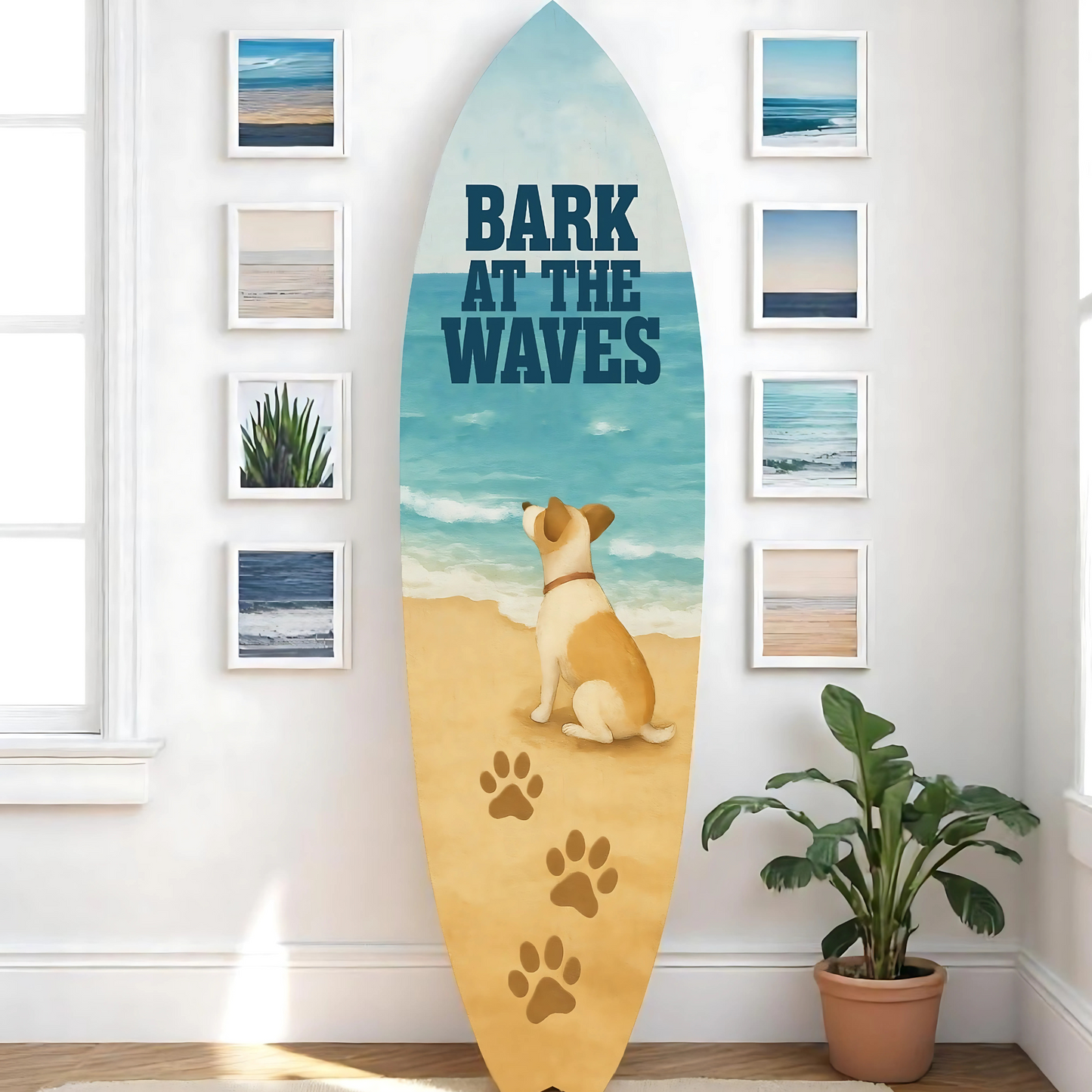 Outdoor Dog Surfboard Wall Decor – Coastal Pet Wall Art, PVC Beach House Decor for Dog Owners, Bark at Waves, 4 foot
