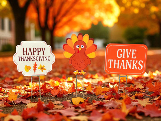 Thanksgiving Yard Stakes Set of 3 – PVC Turkey & Signs – Outdoor Fall Lawn Decorations – Made in USA, Weatherproof with Stakes