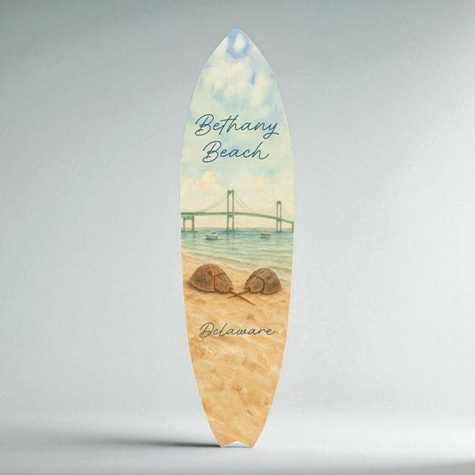 Bethany Beach PVC Surfboard Wall Art | 2–5 Ft Sizes | Outdoor Safe Coastal Decor | Indian River Bridge Background