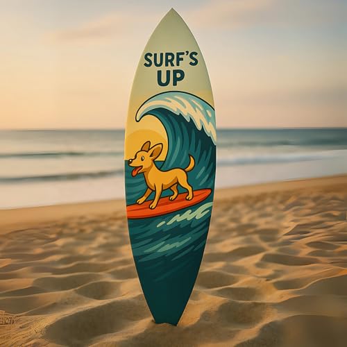Outdoor Dog Surfboard Wall Decor – Coastal Pet Wall Art for Porch, Pool, Fence, PVC Beach House Decor for Dog Owners, Surfs Up, 5 foot