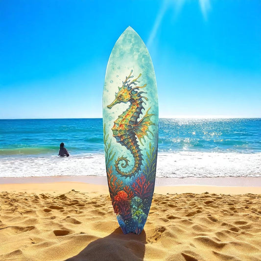 Seahorse Surfboard Wall Art – Coastal PVC Beach House Decor, Ocean Theme Tropical Underwater Sea Dragon, 3 - 5 Feet