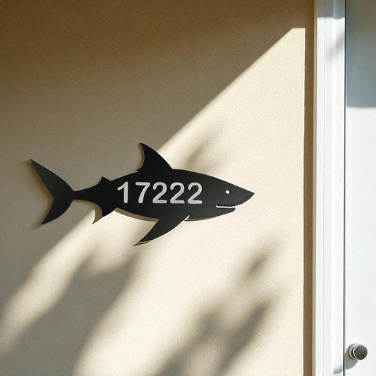 Shark Address Sign – Custom Coastal House Number Plaque, Nautical Beach House Décor, Outdoor Safe PVC, Black or White