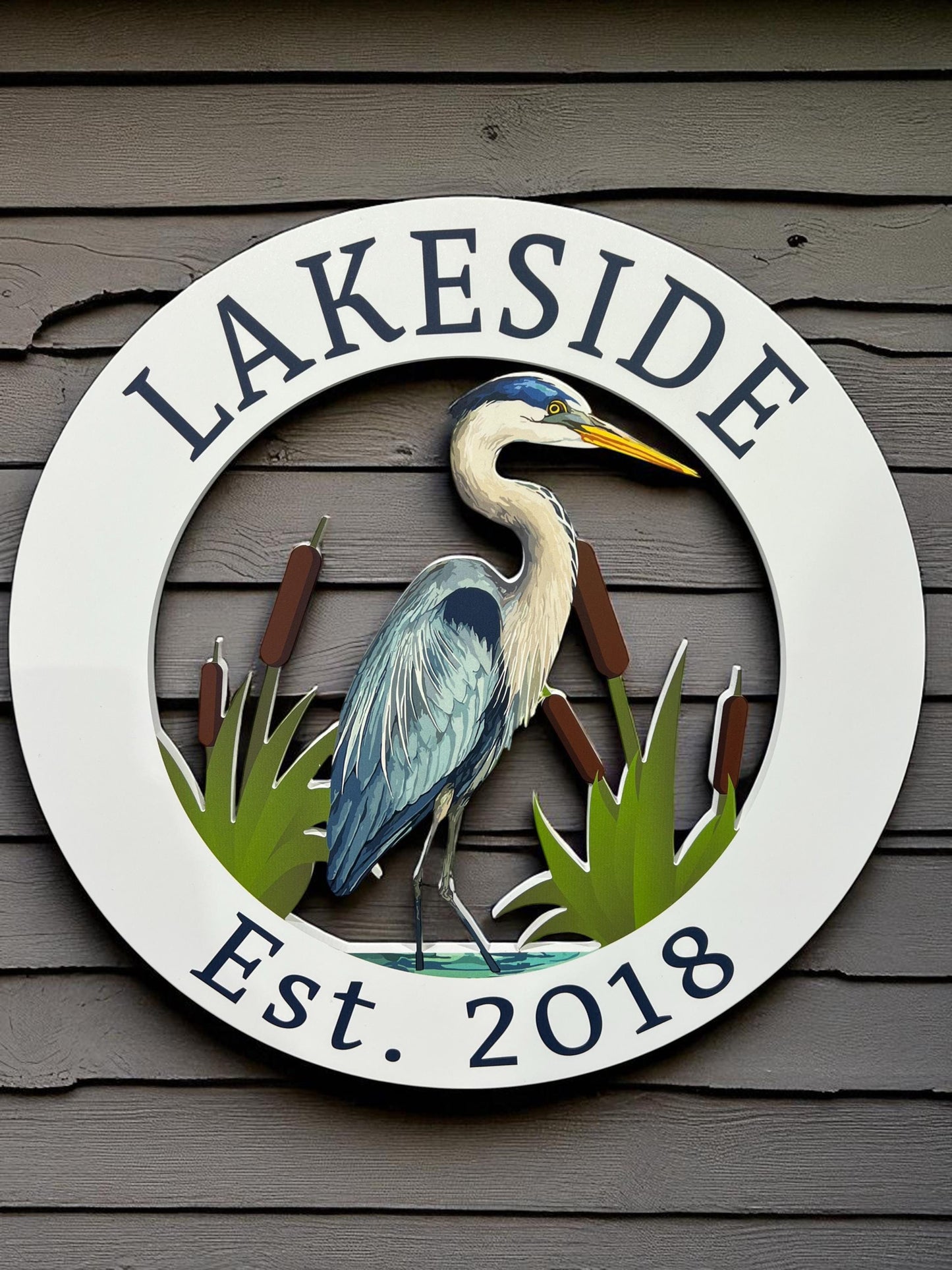 Custom Coastal Heron Sign - Beach House Wall Art - Personalized Round Outdoor Sign - Blue Heron PVC Decor - 2 or 3 Foot Sizes -Egret Outdoor