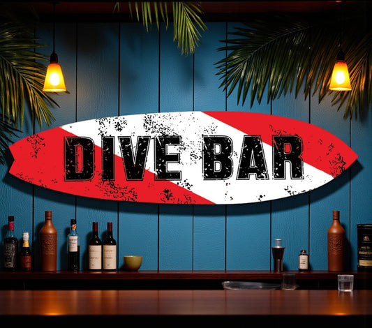 Dive Bar Surfboard Sign, Outdoor PVC Wall Art Beach Decor, Coastal Wall Hanging Weatherproof Decorative Surfboard for Bar Pool or Tiki Hut