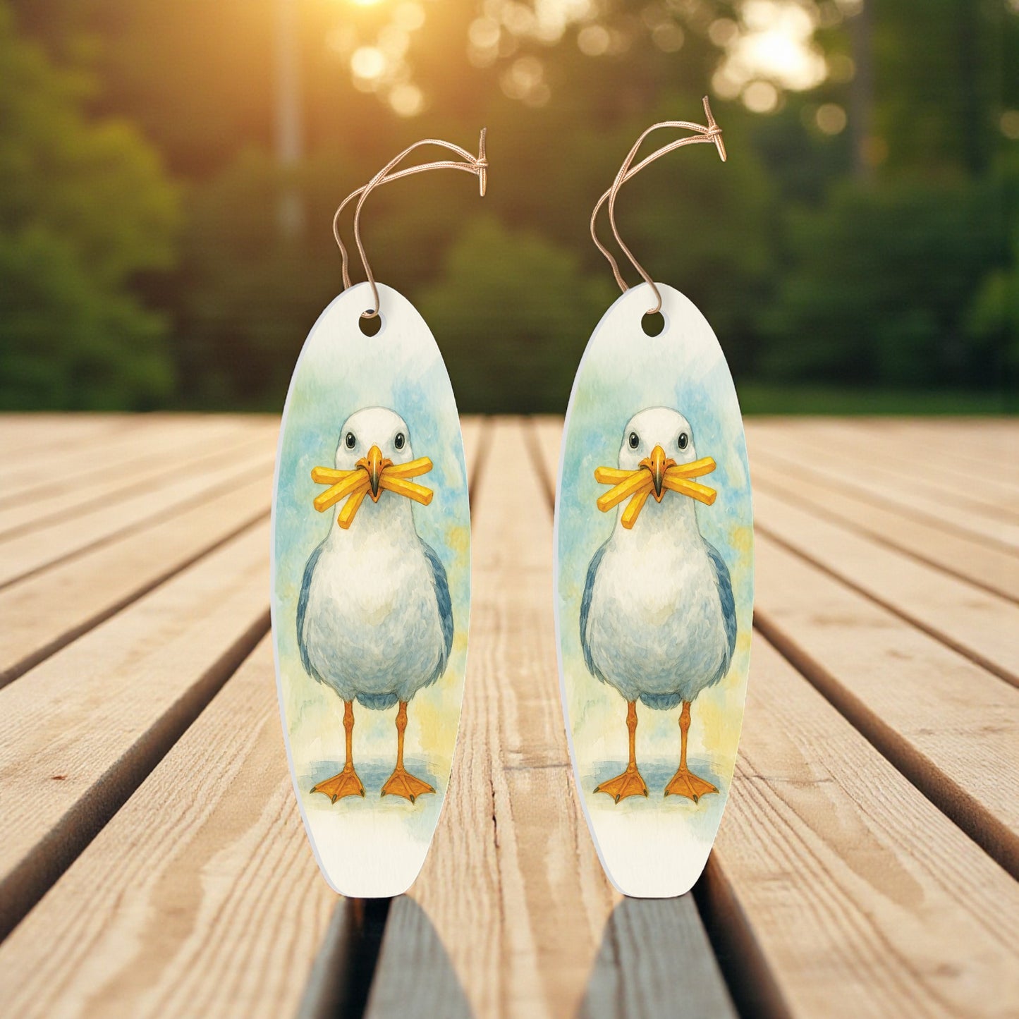 Seagull with French Fries Ornament 2 Pack – Surfboard Shaped PVC Beach Christmas Ornaments, Coastal Holiday Décor