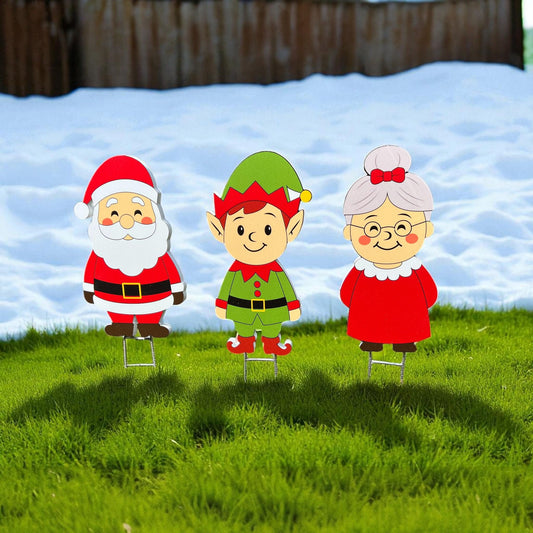 Christmas Yard Stakes Set of 3 – 12” Santa, Elf & Mrs. Claus, Outdoor Holiday Lawn Decorations, Weatherproof PVC