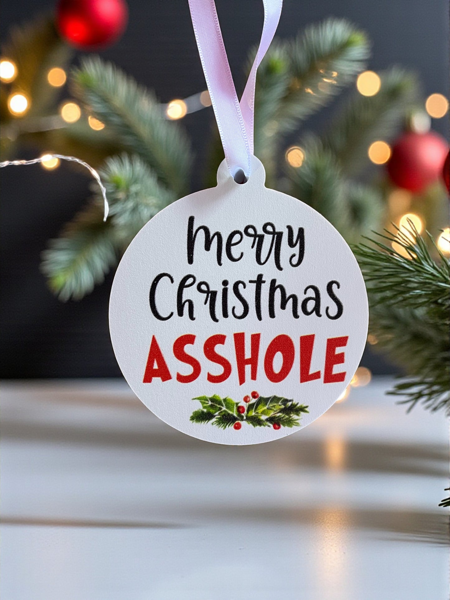 Funny Christmas Ornament Merry Christmas Asshole Round PVC Ornament – Holiday Gift or Stocking Stuffer – Indoor Outdoor