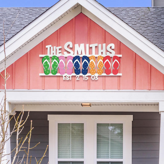 Personalized Flip Flop Family Sign - Custom Beach House Decor - Coastal Outdoor PVC Sign - Summer Home Wall Art - Flip Flop Lovers Gift, 4 Foot