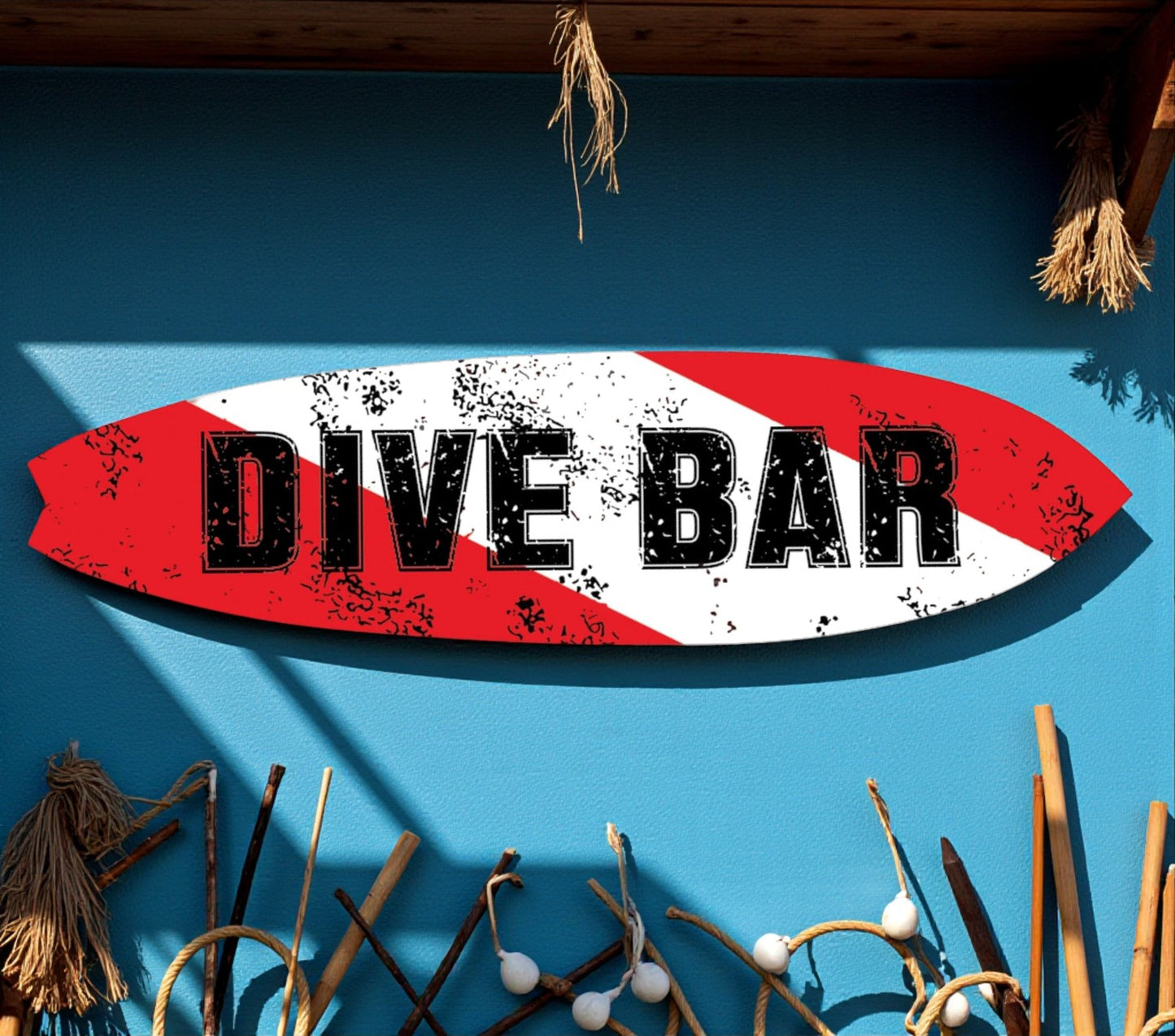 Dive Bar Surfboard Sign, Outdoor PVC Wall Art Beach Decor, Coastal Wall Hanging Weatherproof Decorative Surfboard for Bar Pool or Tiki Hut