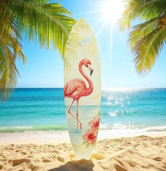Flamingo Surfboard Wall Art – Tropical PVC Beach House Decor, Coastal Flamingo Sign for Porch or Patio, Outdoor Weatherproof Wall Art, 3 - 5 Feet