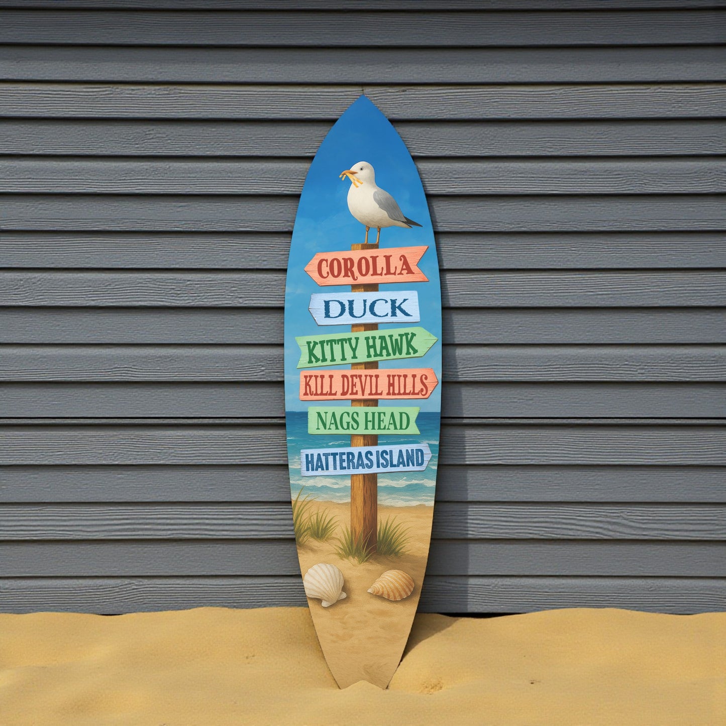 Outer Banks Surfboard Wall Art, Directional Beach Towns Sign with Seagull, Weather-Resistant PVC Coastal Decor