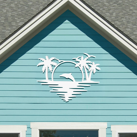Outdoor Dolphin Wall Art, Coastal Wall Decor for Beach House, White PVC Dolphin Sign with Palm Trees Sunset, Nautical Ocean Decoration