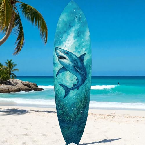 Shark Surfboard Wall Art – Watercolor Ocean Decor, Indoor Outdoor PVC, Coastal Shark Beach House Decoration, 3 - 5 Feet