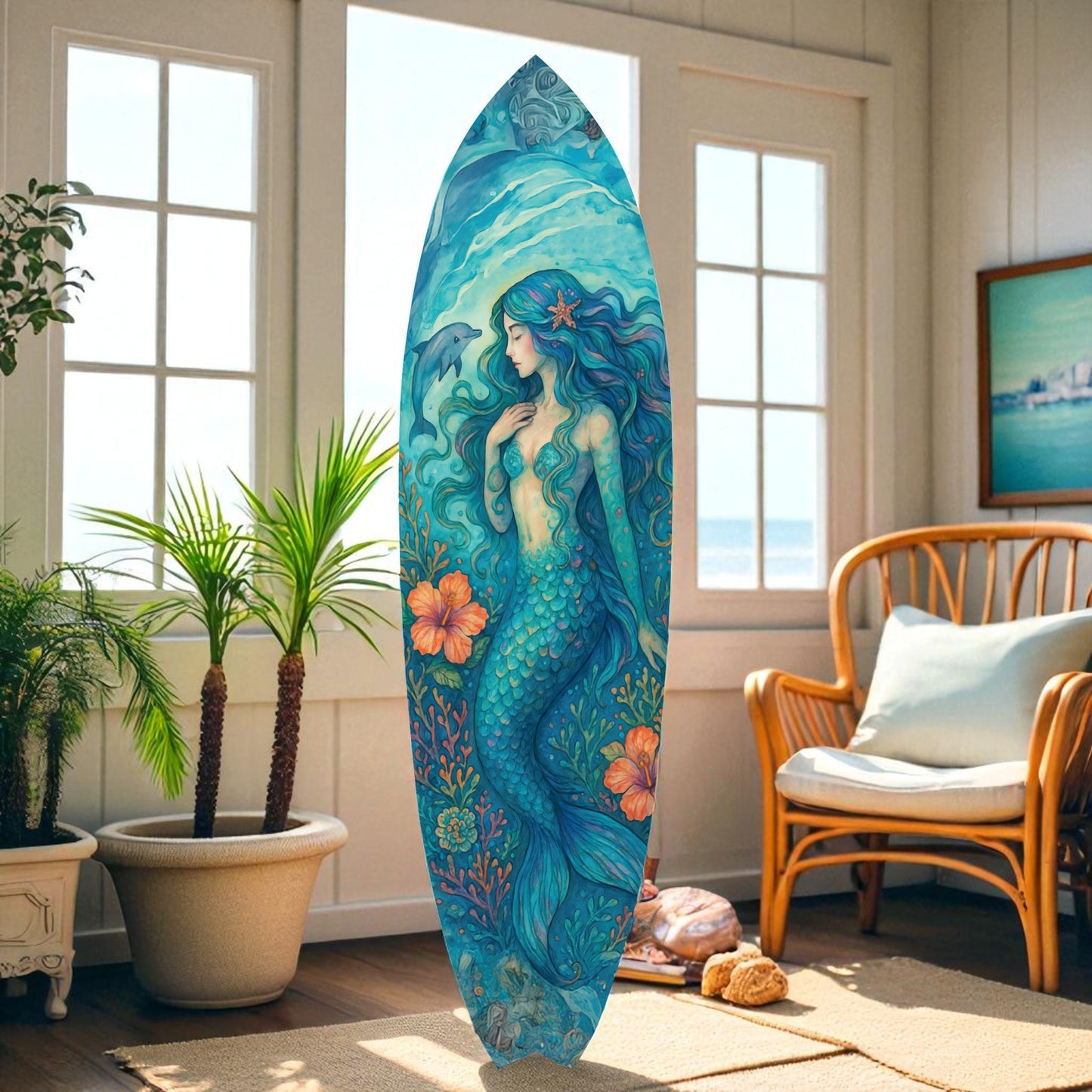 JennyGems Mermaid Surfboard Wall Art | Coastal PVC Beach House Decor | Indoor Outdoor Porch Patio Pool | Nautical Watercolor Mermaid | 2 to 5 ft