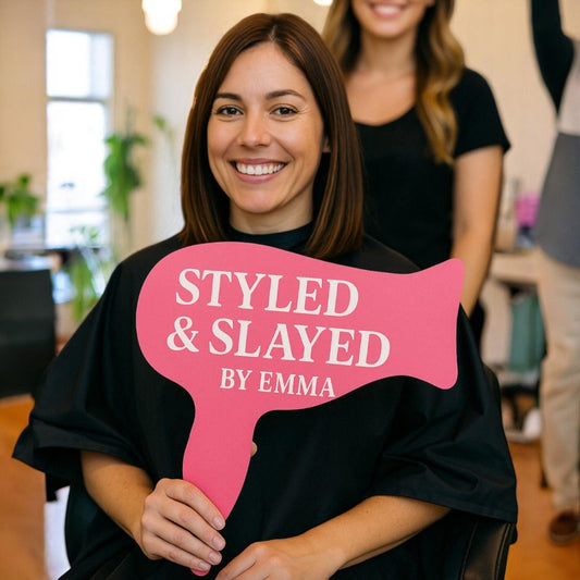Styled & Slayed Hair Stylist Photo Prop | Hair Dryer Shaped Salon Sign | Pink PVC Social Media Sign | Marketing Tool for Stylists