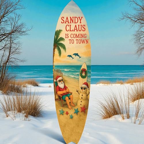 JennyGems Sandy Claus Christmas Surfboard Wall Art – Outdoor PVC Holiday Wall Decor with Santa Snowman Dolphins, Beachy Christmas Porch or Coastal Yard Decoration