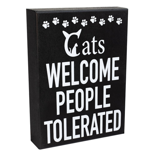 JennyGems Cats Welcome People Tolerated Sign – Funny Cat Lover Gift for Women and Men Rustic Wooden Wall Shelf Decor - Cat Wall Art for Home Farmhouse and Christmas Gift