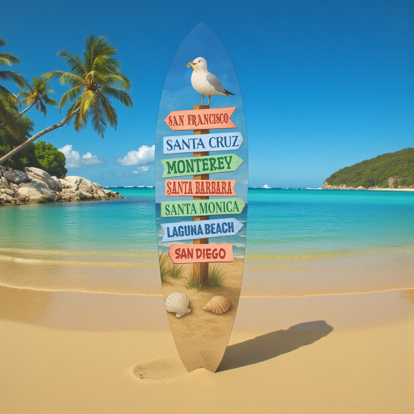 California Surfboard Wall Art - Beach Towns Sign, Indoor Outdoor PVC Coastal Décor