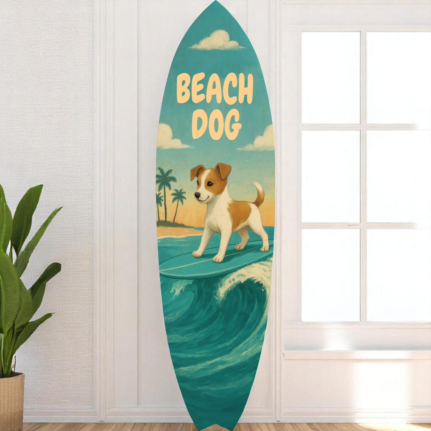 Outdoor Surfboard Wall Decor – Coastal Pet Wall Art for Porch, Pool, Fence, PVC Beach House Decor for Dog Owners, Beach Dog, 4 foot