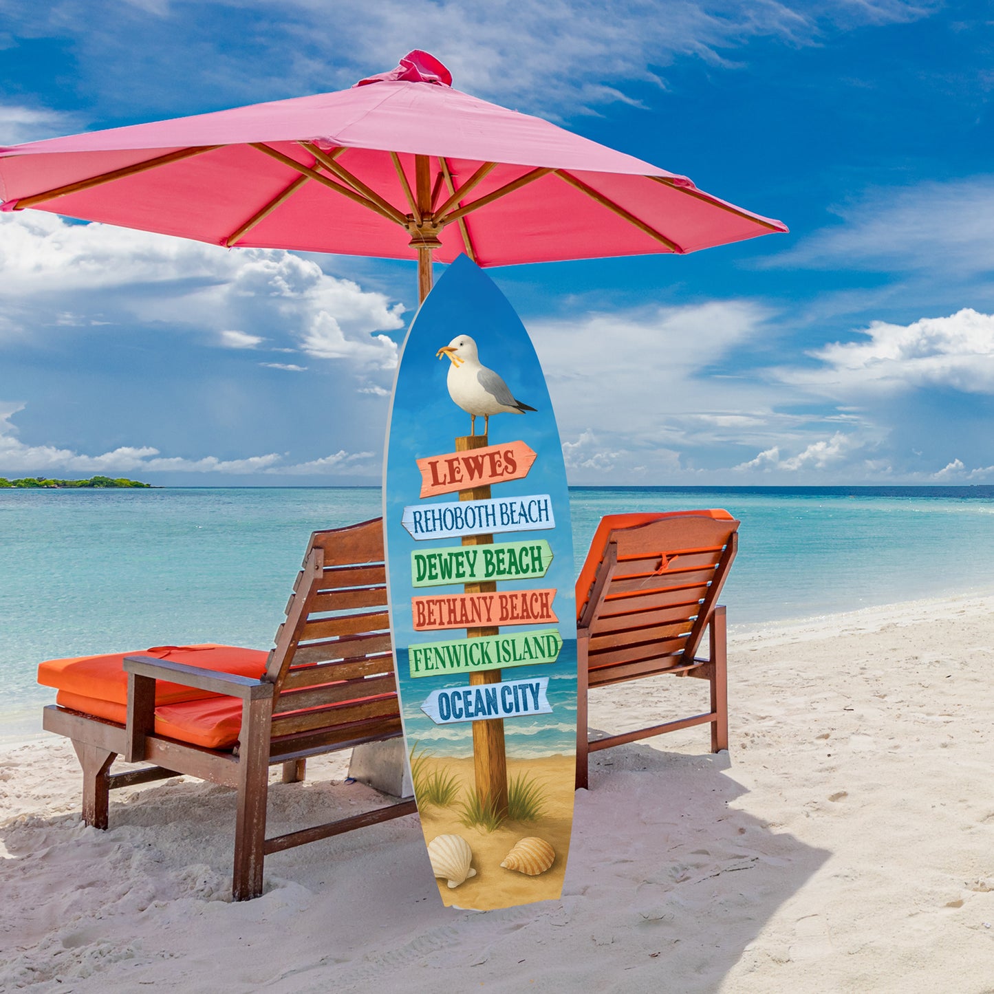 Delaware Beaches Surfboard Wall Art – Coastal Directional Sign with Lewes, Rehoboth, Bethany, Dewey, Fenwick & Ocean City, Nautical Beach