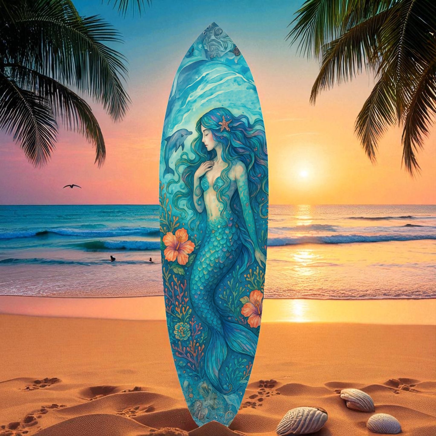 JennyGems Mermaid Surfboard Wall Art | Coastal PVC Beach House Decor | Indoor Outdoor Porch Patio Pool | Nautical Watercolor Mermaid | 2 to 5 ft