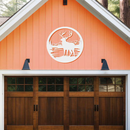 Outdoor Deer Wall Art – Deer Decor for Cabin, Lodge, or Rustic Home Exterior, PVC Wilderness Sign with Mountains and Pine Trees, 36 Inch Round