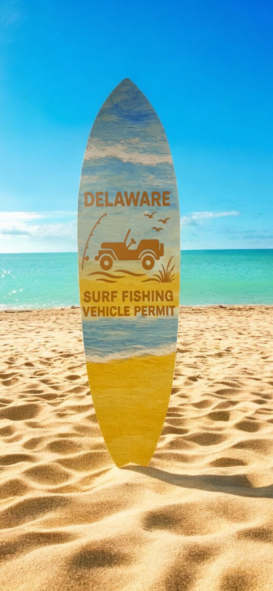 Delaware Surf Fishing Permit Surfboard Sign – Coastal Beach Wall Art – PVC Outdoor Decor for Porch, Fence, or Garage – 3 - 5 Feet