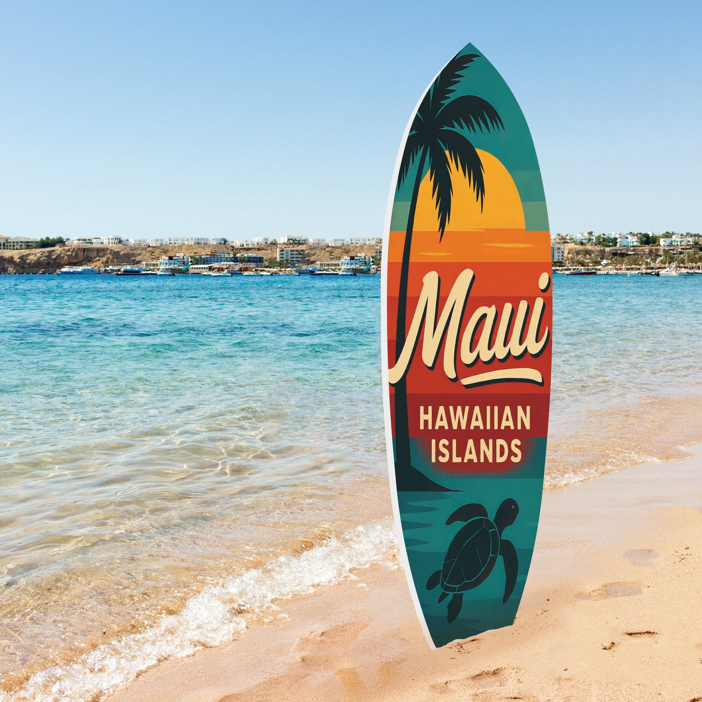 Maui Hawaiian Islands Surfboard Wall Art — Outdoor PVC Sign, Palm Tree & Sea Turtle, Weatherproof Coastal Beach House Decor, Multiple Sizes