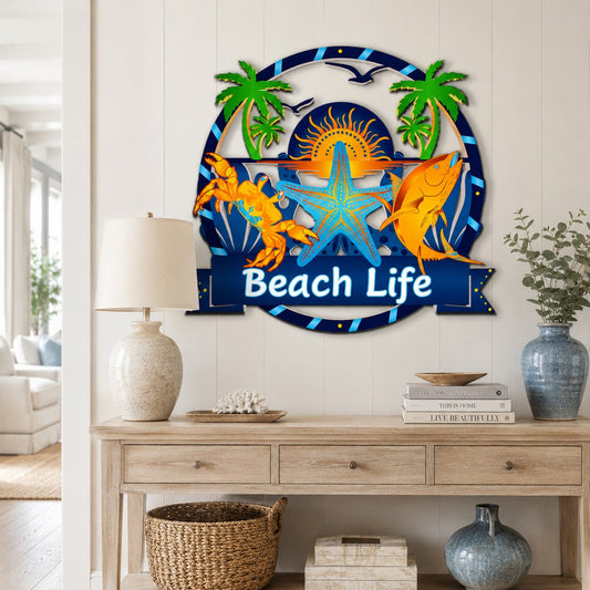 Beach Vibes Outdoor Wall Art Sign, Coastal Beach House Decor, Round PVC