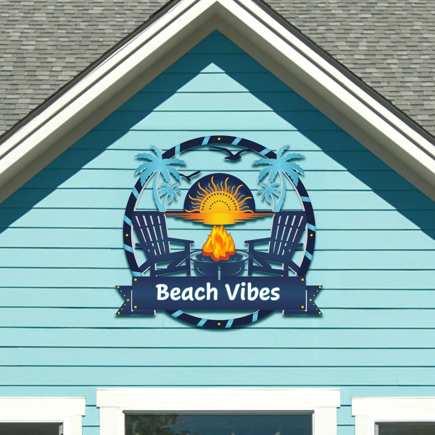 Beach Vibes Outdoor Wall Sign, Coastal Beach House Decor, Round PVC, 3 Foot